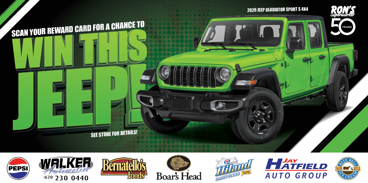 A graphic showing a picture of a bright green Jeep Gladiator with instructions on how to enter into a drawing to win.
